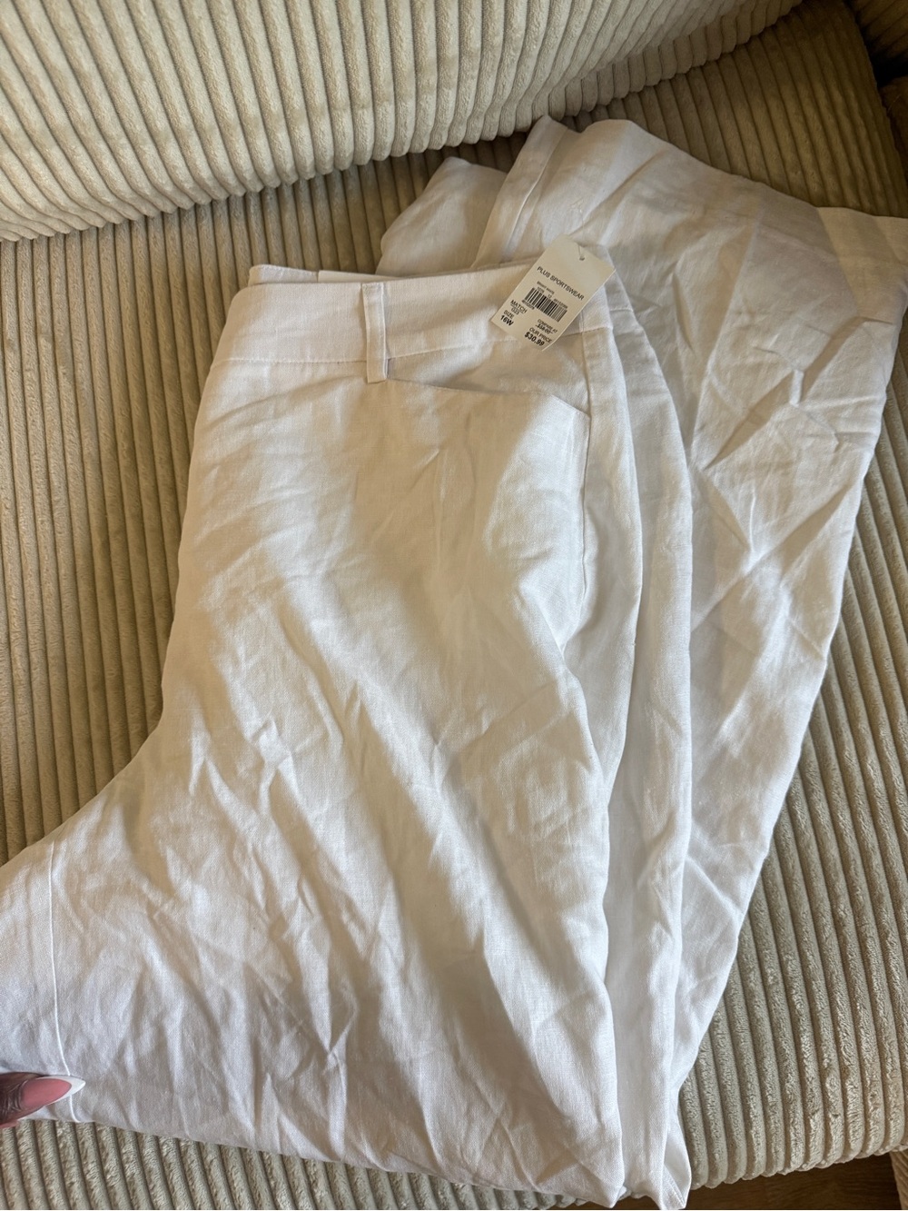 Women’s White Lined Linen Blend Pants - Classic Casual Style